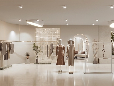 现代女装服装店 直播间展厅 模特 沙发组合 大理石茶几 玻璃砖隔断