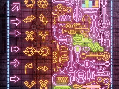 现代霓虹灯组合 乐器图标装饰灯 指向标霓虹灯