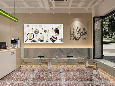 现代奶茶店 备餐区 单层 收银前台 休息区