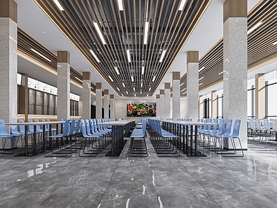 现代学生食堂 员工餐厅 大学食堂 公共餐厅 打饭窗口 餐桌椅 食堂明挡