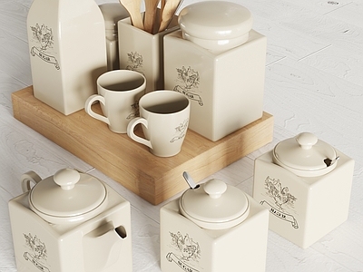厨房用品组合 罐子 瓶子 调料瓶 茶壶 杯子杯具 案板