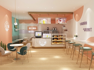 现代奶茶店 备餐区 单层 收银