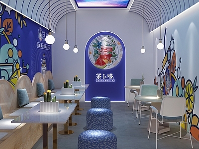 现代星空顶奶茶店 备餐区 单层 收银