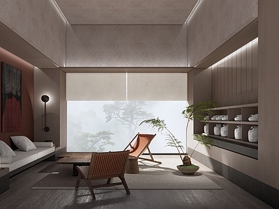 现代休息区 沙发 椅子 茶几 植物花艺 摆件艺术品 壁灯