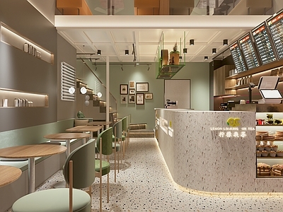 现代奶茶店 备餐区 收银 双层