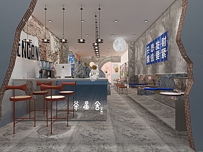 工业风奶茶店 备餐区 单层 收银