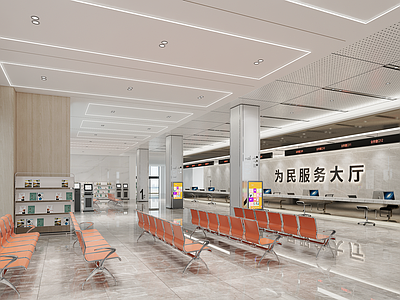 现代办事大厅 服务大厅 街道办办事处 等候椅 自助排号机