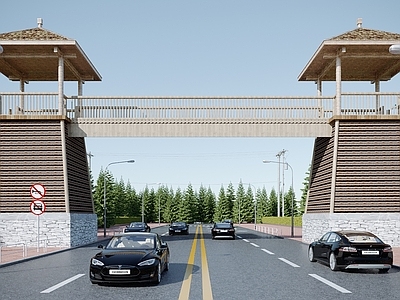 中式木制公园景区入口大门 公园入口