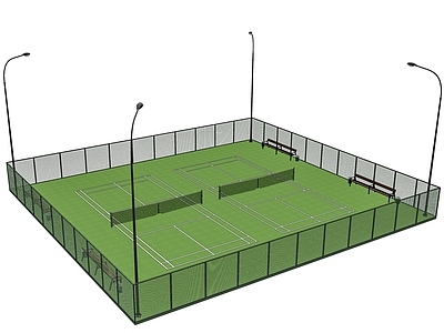 现代网球场 公共座椅 路灯 围栏 金属网围栏
