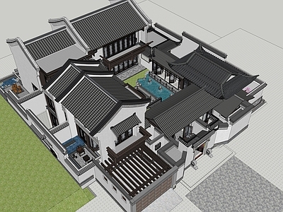 中式四合院 带水景花园