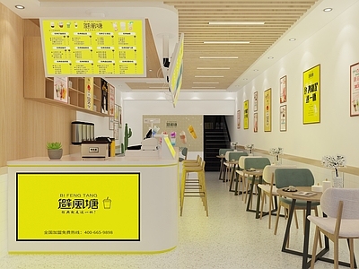 现代奶茶店 奶茶桶 备餐区 单层 收银