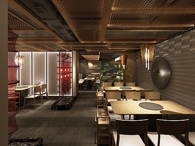 新中式火锅店 绿植景观 吊灯