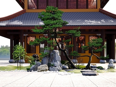 新中式庭院小品 假山石头 枯山水庭院景观 松树 室外植物 禅意景观 户外