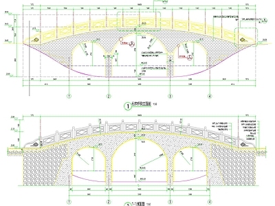 三拱石拱桥施工图加结构图 景观小品