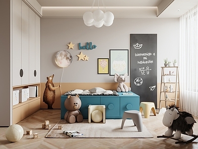 现代儿童玩具房 衣柜 吊灯 玩具 壁灯 儿童桌椅