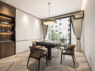 新中式棋牌室 麻将房 麻将 家居娱乐室 造景小品