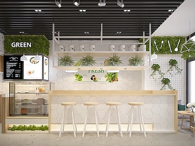 北欧奶茶店 吧台吧椅 收银台 休闲桌椅茶几 绿植墙 备餐区 单层 休息区