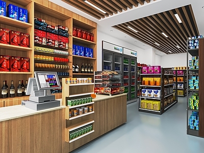 现代超市 便利店 零食店 超市货架 展柜 收银台 冰柜 生活用品区