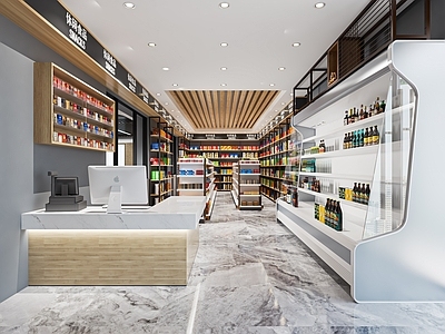现代便利店 超市 零食店 小卖店 超市货架 展柜 收银台 冰柜 烟酒柜 生活用品区