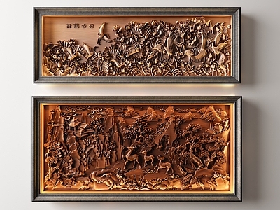 中式浮雕 实木小鹿雕花立体画 仙鹤实木雕花画