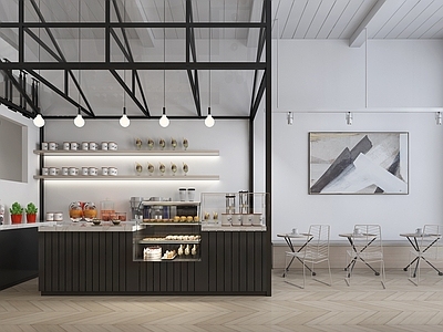 现代甜品面包店 休闲 收银台 甜品柜 备餐区 装饰画