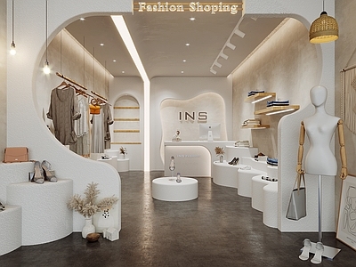 侘寂风服装店 女装店 服装货架 中岛 模特 弧形展台 衣架 衣服 鞋包