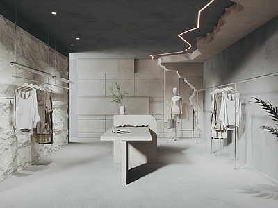 现代服装店女装店 服装货架 中岛展台 文化石背景墙