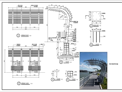 现代简约单臂廊架坐凳景观节点详图施工图 景观小品