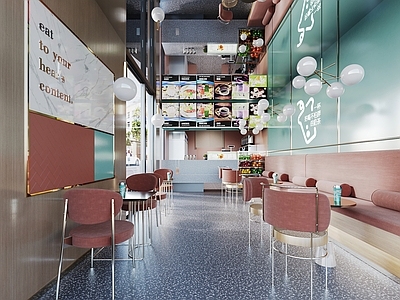 现代奶茶店 桌椅 墙饰 收银台 备餐区 单层 收银