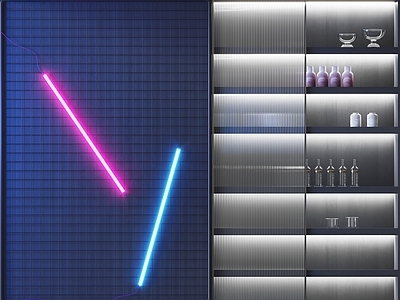 现代酒柜 酒瓶酒具 线性灯 赛博朋克风 高柜 木材 金属