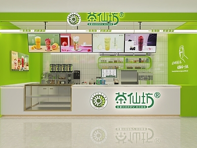 现代奶茶店 备餐区 单层 收银前台