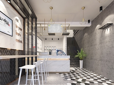 现代奶茶饮品店 收银台 吧椅 备餐区 收银 双层
