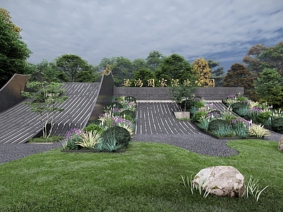 新中式瓦片流水景观