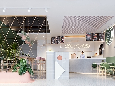 现代奶茶店 备餐区 单层 收银