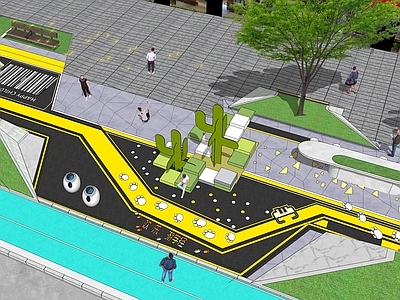 现代道路 市政道路规划景观 市政公路 街角马路公园 户外座椅 仙人掌雕塑小品