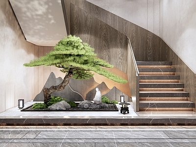 新中式楼梯间 庭院小品 室内 禅意小品 柏松 景石 苔藓球