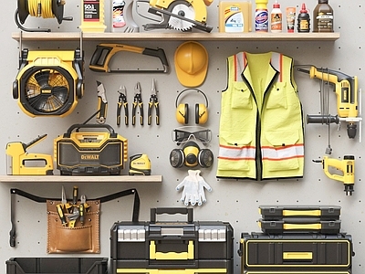 现代工具墙 电锯 防护眼镜防毒面具 五金工具电锤 工具间 工具柜
