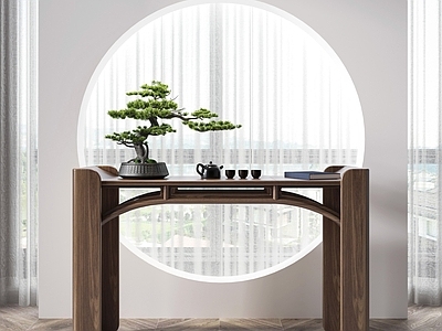 新中式端景条案 玄关端景台 松树盆栽摆件 茶壶茶具