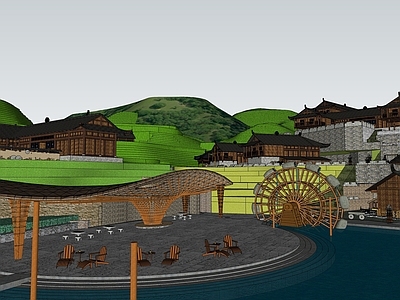 中式古典园林 山地古建筑 户外廊架 浮桥 美丽乡村景观
