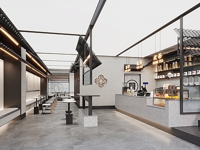 新中式7分甜奶茶店 备餐区 单层 收银前台 休息区