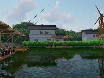 现代垂钓公园景观 乡村池塘 钓鱼 度假休闲 垂钓台 木栈道平台 荷塘水池