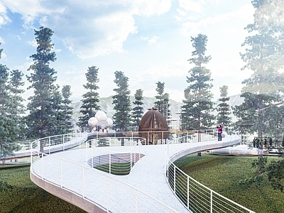 现代山地公园景观 栈桥 观景长廊 木屋 林间休闲平台 小品