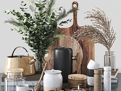 现代厨房用品 厨房装饰摆件 绿植植物盆栽 水壶 砧板 鸡蛋