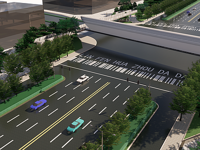 现代市政道路景观 人行天桥 道路斑马线 道路标识 市政绿化 十字路口