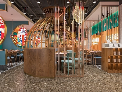 现代国潮火锅店 餐厅 餐馆 饭店 餐桌椅 灯笼 收银台 备餐台 卡座