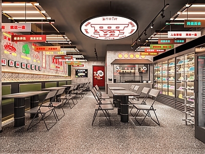 现代快餐店 串串香 餐馆 餐桌椅 广告牌 冷鲜柜 收银台 卡座