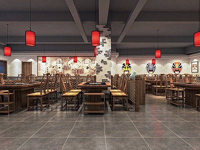 新中式火锅店 餐厅 餐馆 饭店 餐桌椅 灯笼 收银台 备餐台 卡座