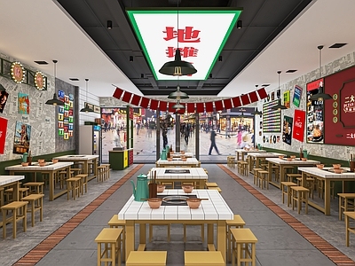 现代火锅店 串串火锅店 餐馆 餐桌椅 广告牌 冷鲜柜 收银台