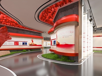 现代党建展厅 校史展厅 红色文化展厅 五角星吊顶 党建雕塑 曲面弧形展厅