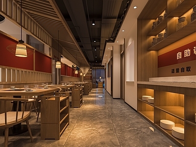 新中式火锅店 餐厅 餐馆 饭店 餐桌椅 灯笼 收银台 自助调料台 卡座